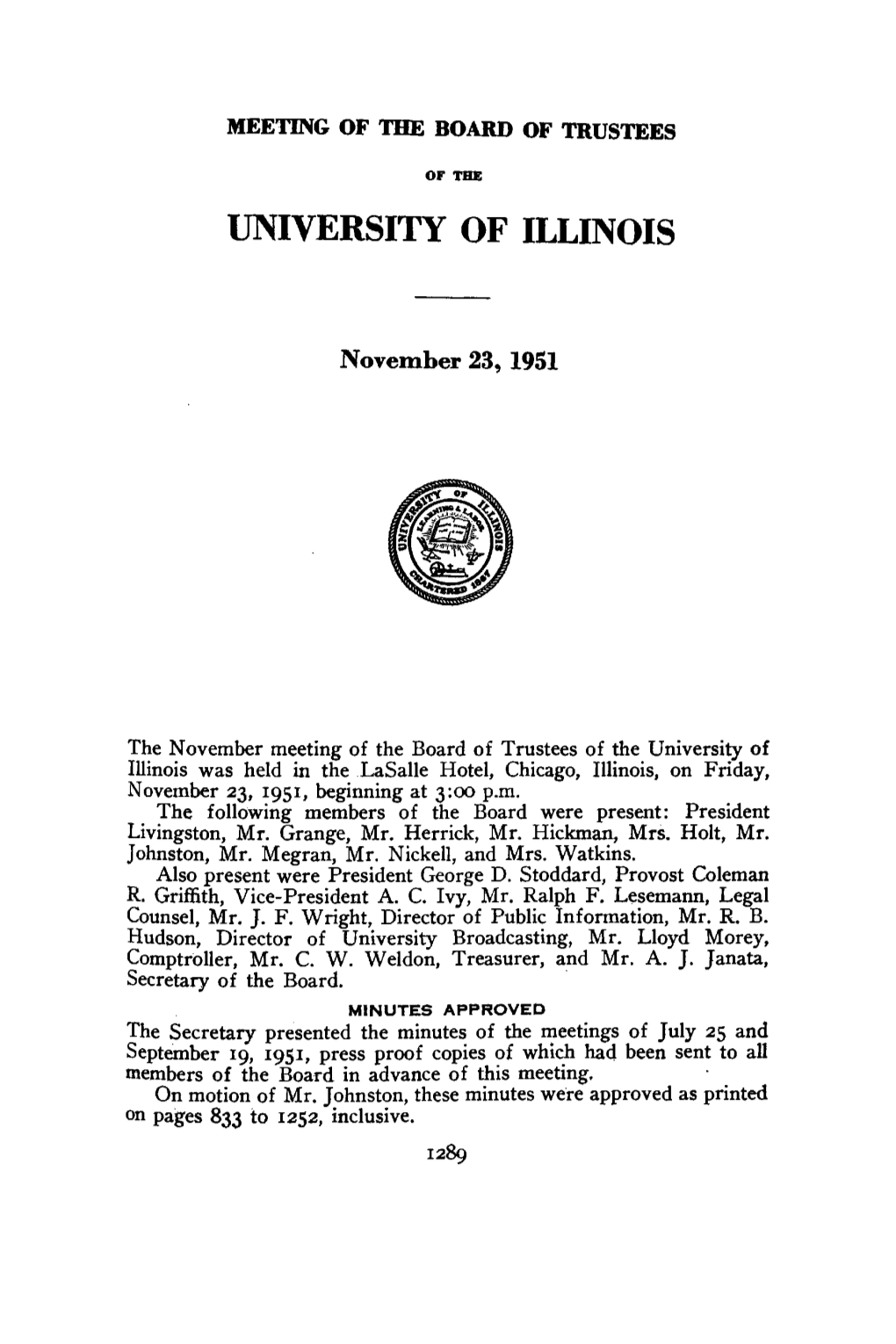 November 23, 1951, Minutes | UI Board of Trustees