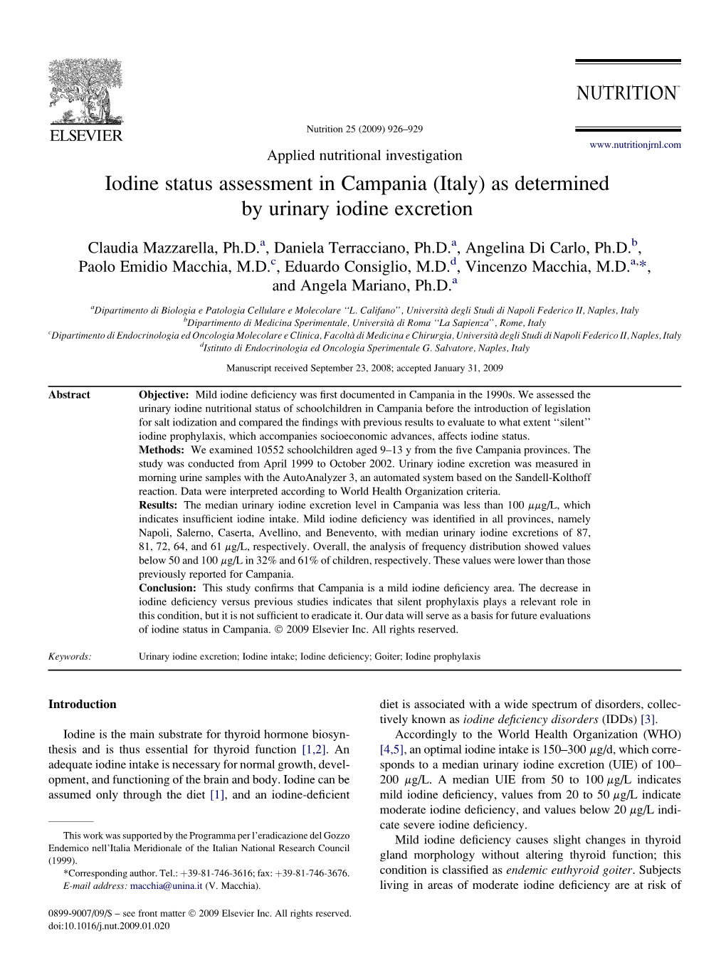 Iodine Status Assessment in Campania (Italy) As Determined by Urinary Iodine Excretion