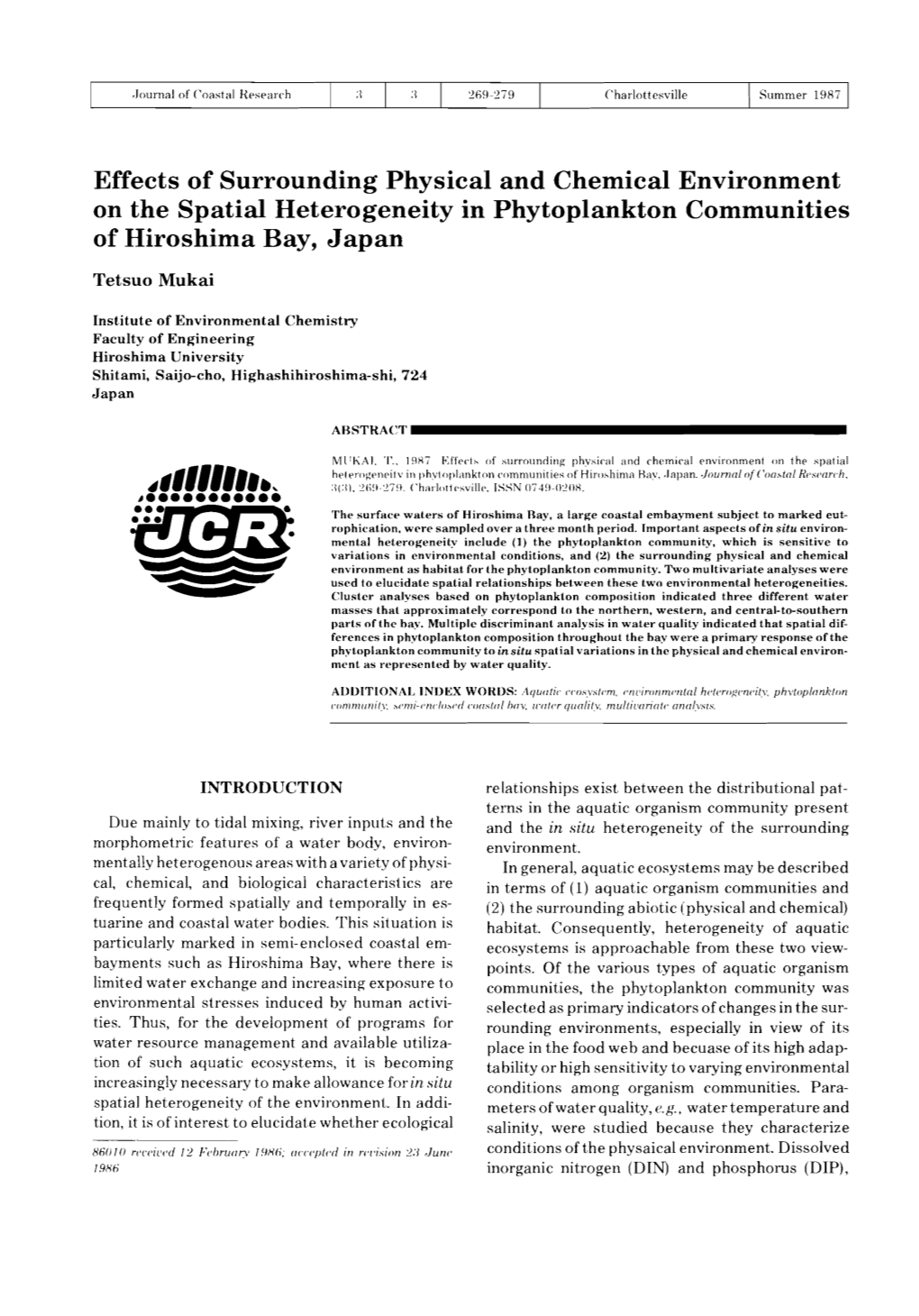 4""""" • the Surface Waters of Hiroshima Bay, a Larg-E Coastal Embayment Subject to Marked Eut­ ••• Rophication