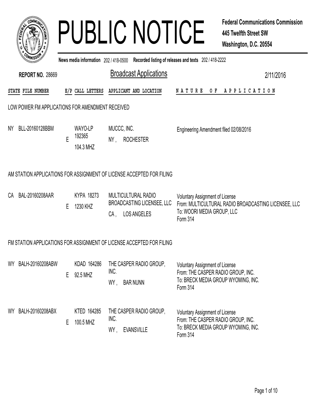 Broadcast Applications 2/11/2016