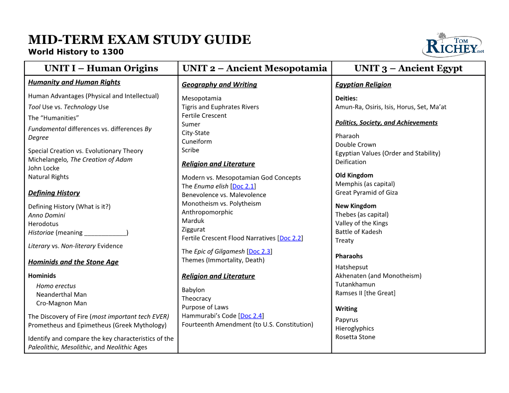 MID-TERM EXAM STUDY GUIDE World History to 1300