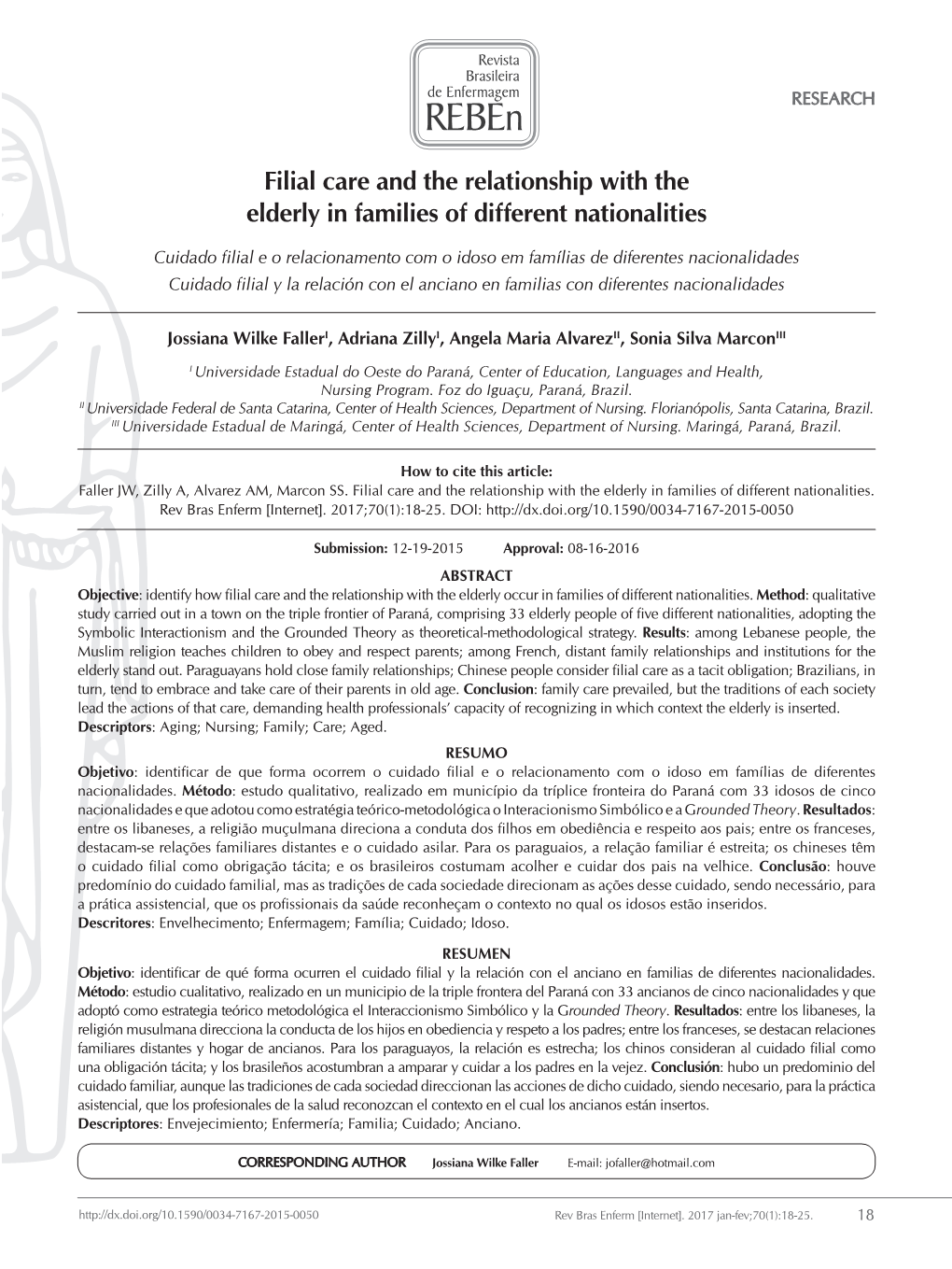 Filial Care and the Relationship with the Elderly in Families of Different Nationalities