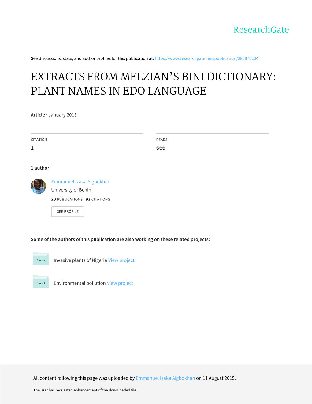 Extracts from Melzian's Bini Dictionary: Plant Names In
