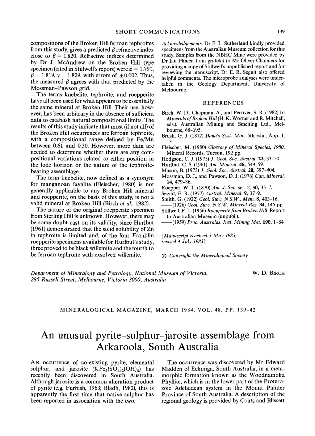 An Unusual Pyrite-Sulphur-Jarosite Assemblage from Arkaroola, South Australia