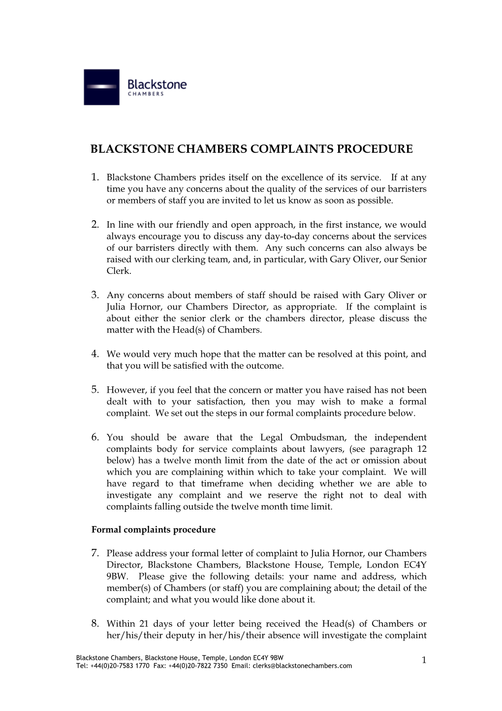 Blackstone Chambers Complaints Procedure