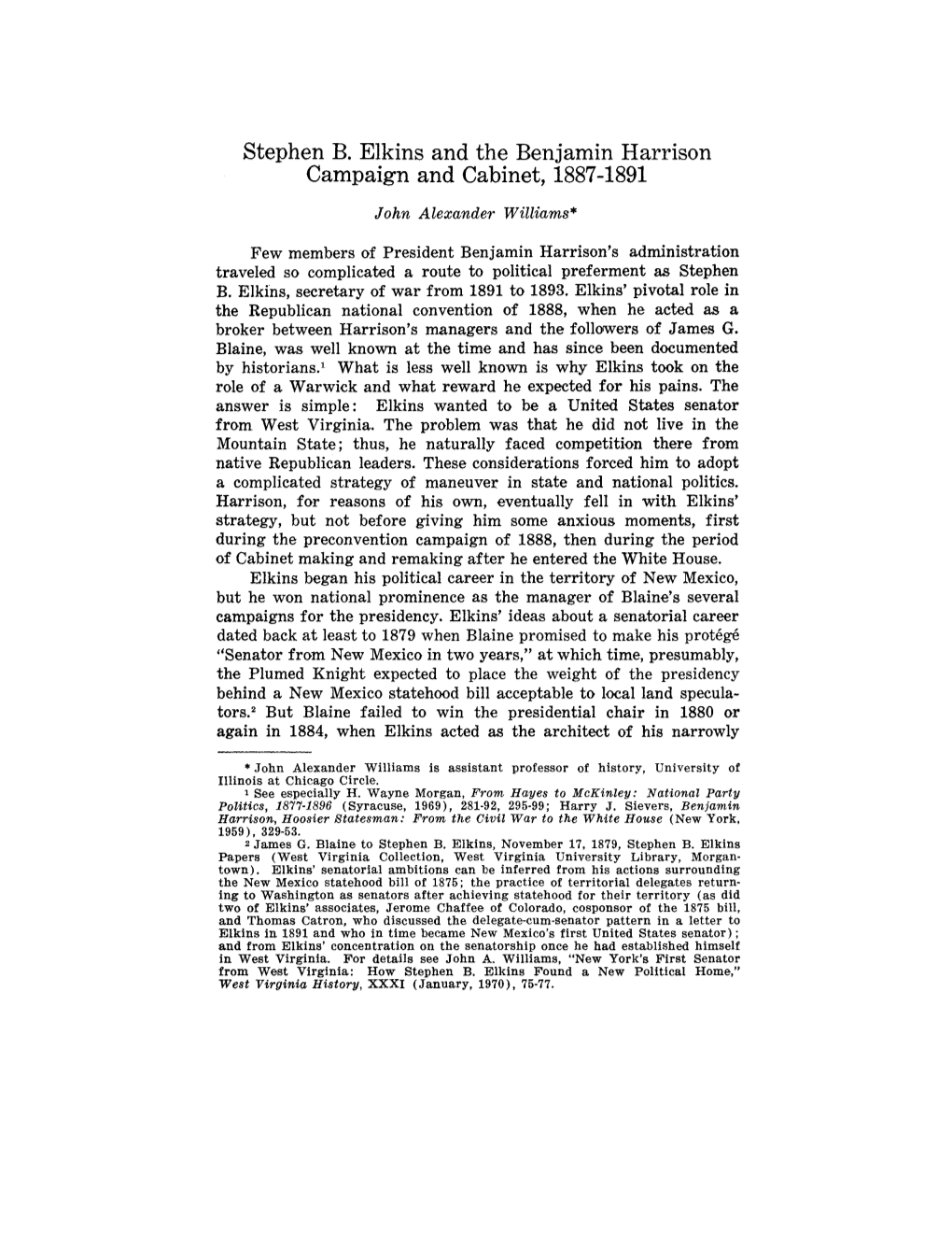 Stephen B. Elkins and the Benjamin Harrison Campaign and Cabinet, 1887-1891