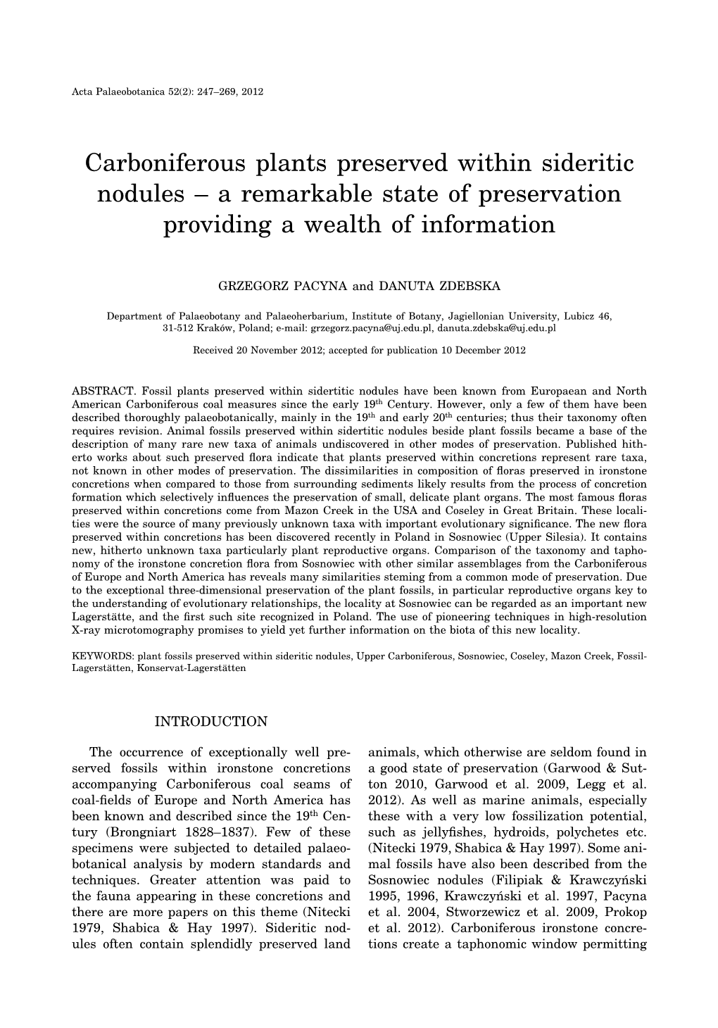 Carboniferous Plants Preserved Within Sideritic Nodules – a Remarkable State of Preservation Providing a Wealth of Information