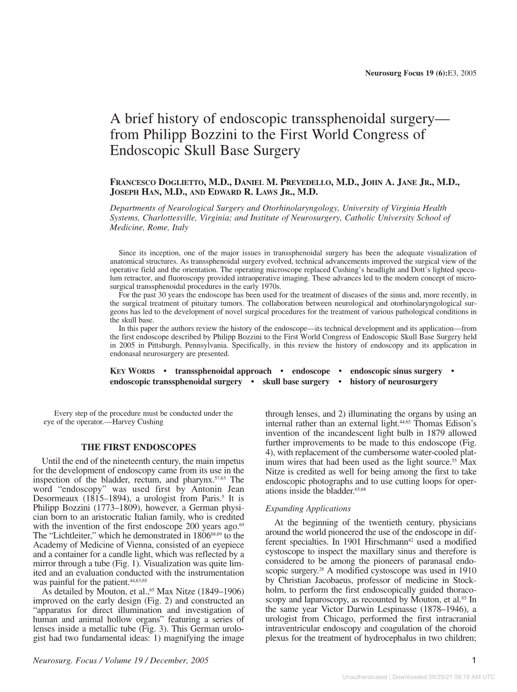 A Brief History of Endoscopic Transsphenoidal Surgery— from Philipp Bozzini to the First World Congress of Endoscopic Skull Base Surgery