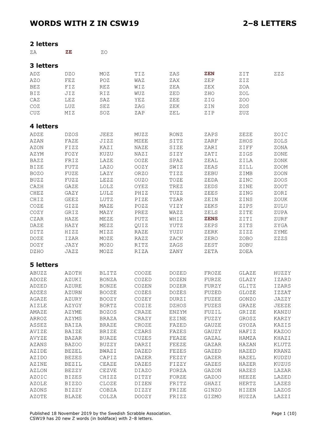 Words with Z in Csw19 2–8 Letters