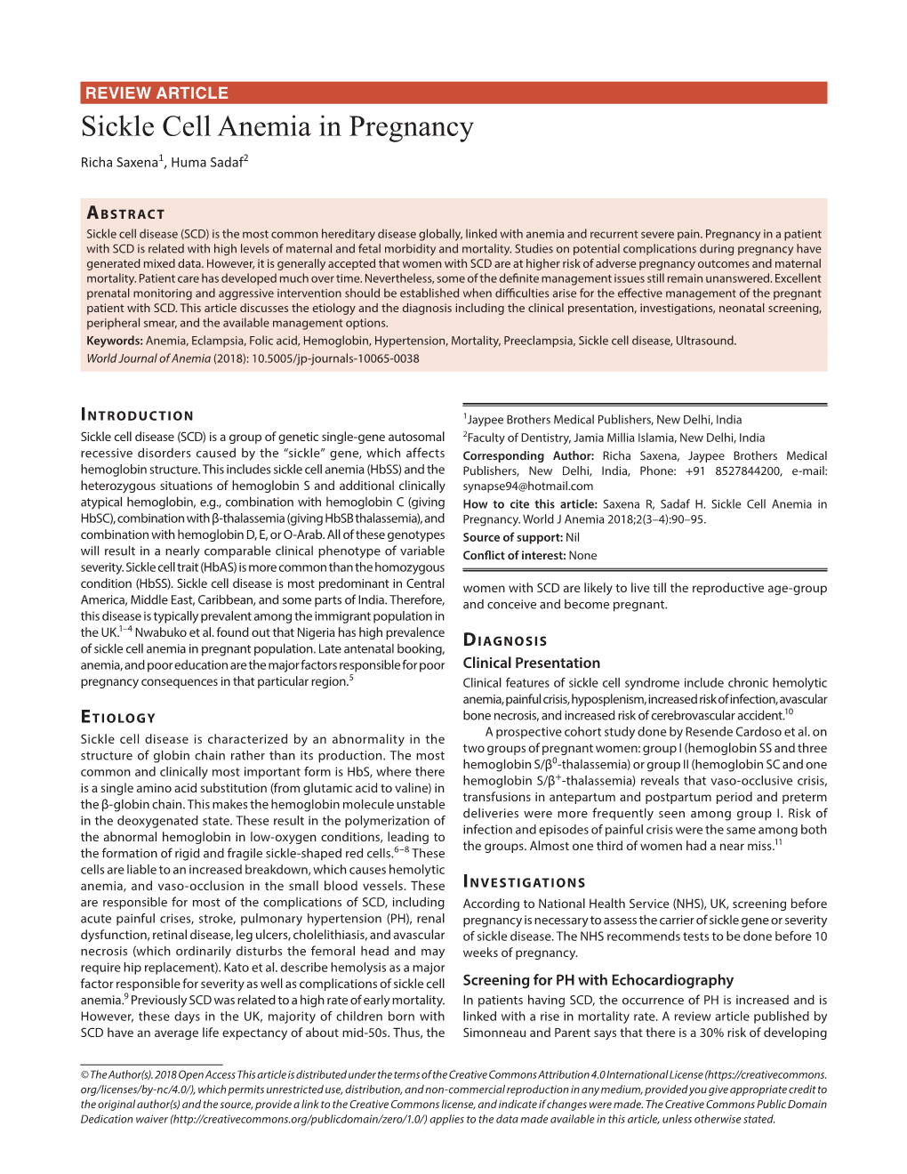 Sickle Cell Anemia in Pregnancy Richa Saxena1, Huma Sadaf2