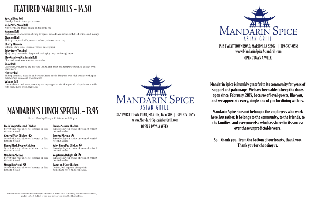 Mandarin's Lunch Special • 13.95 Featured Maki Rolls