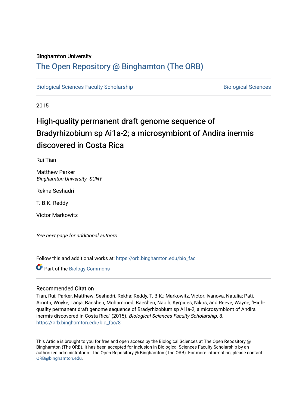 High-Quality Permanent Draft Genome Sequence of Bradyrhizobium Sp Ai1a-2; a Microsymbiont of Andira Inermis Discovered in Costa Rica