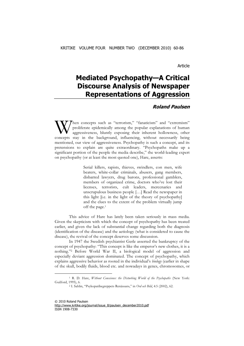 Mediated Psychopathy—A Critical Discourse Analysis of Newspaper Representations of Aggression