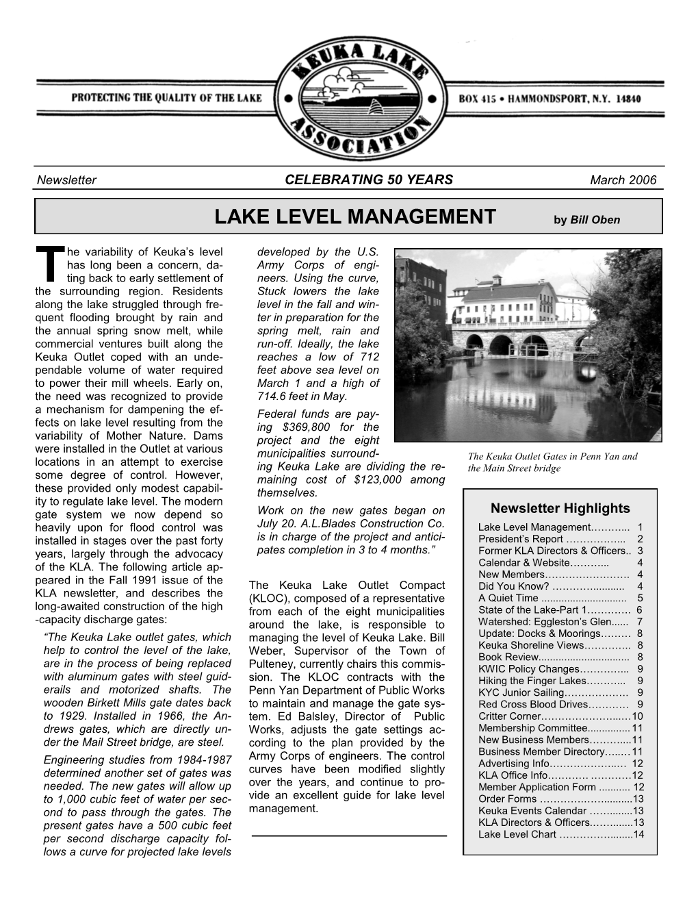 LAKE LEVEL MANAGEMENT by Bill Oben