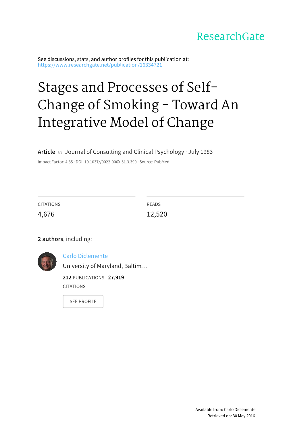 Stages and Processes of Self- Change of Smoking - Toward an Integrative Model of Change