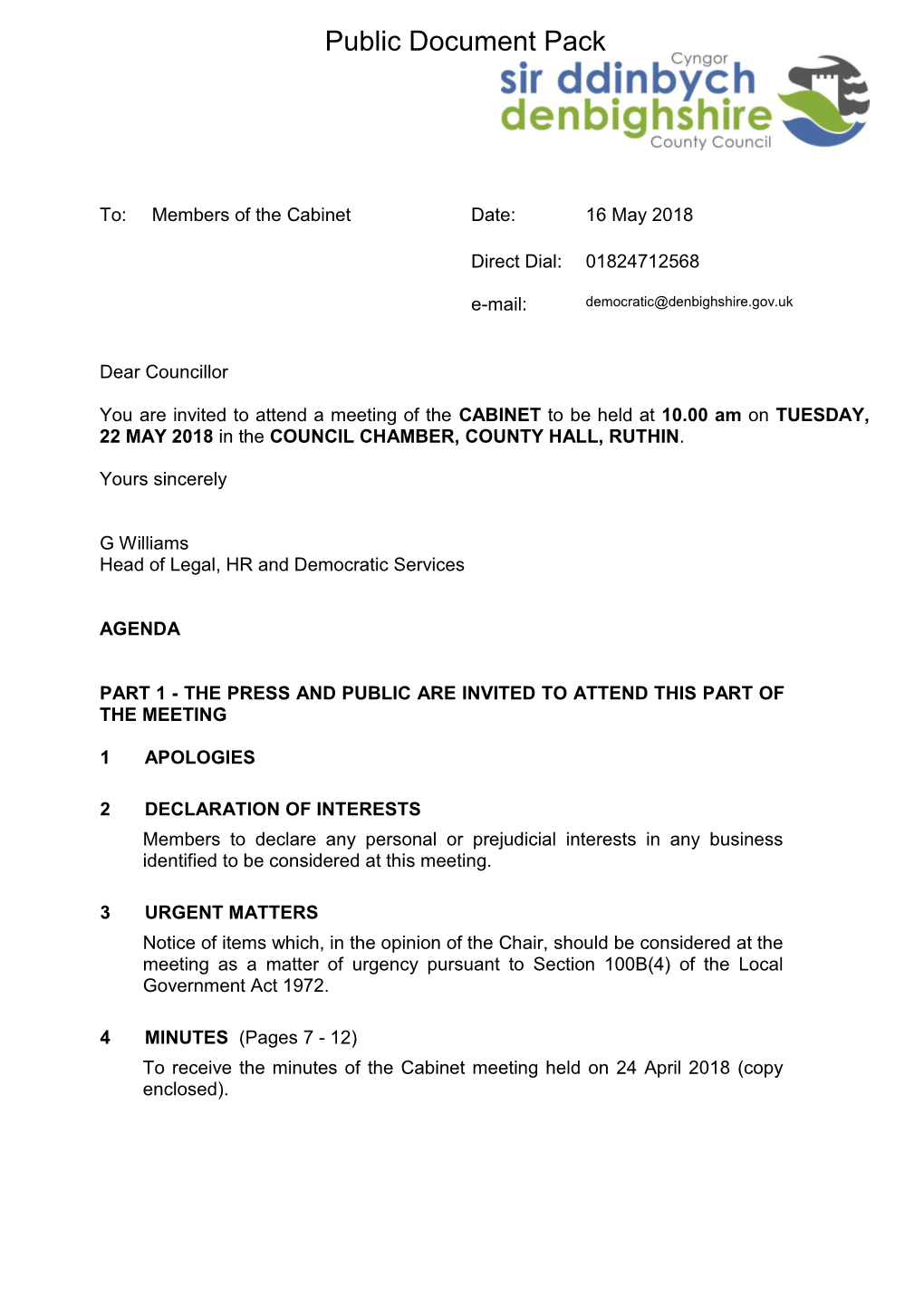 (Public Pack)Agenda Document for Cabinet, 22/05/2018 10:00