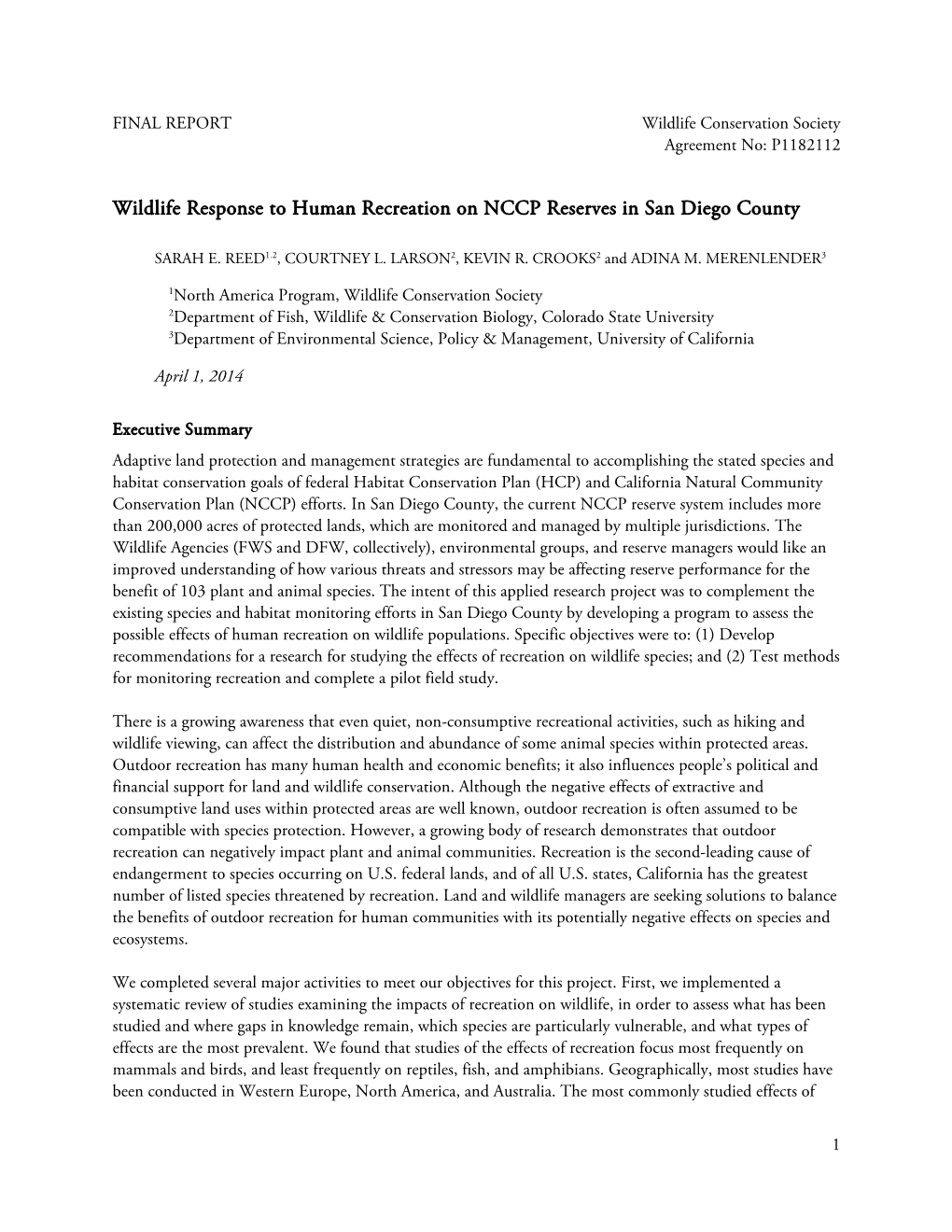 Wildlife Response to Human Recreation on NCCP Reserves in San Diego County