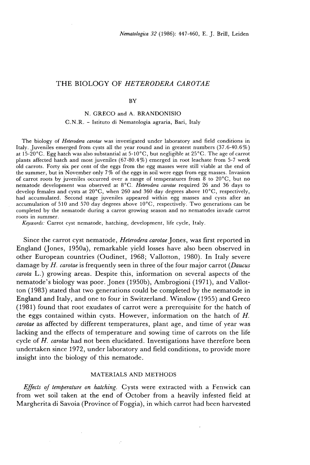 THE BIOLOGY of HETERODERA CAROTAE by N. GRECO and A