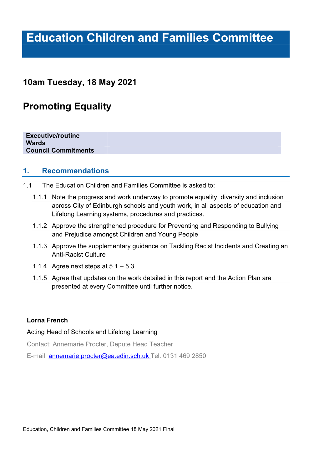 Education Children and Families Committee 10Am Tuesday, 18 May