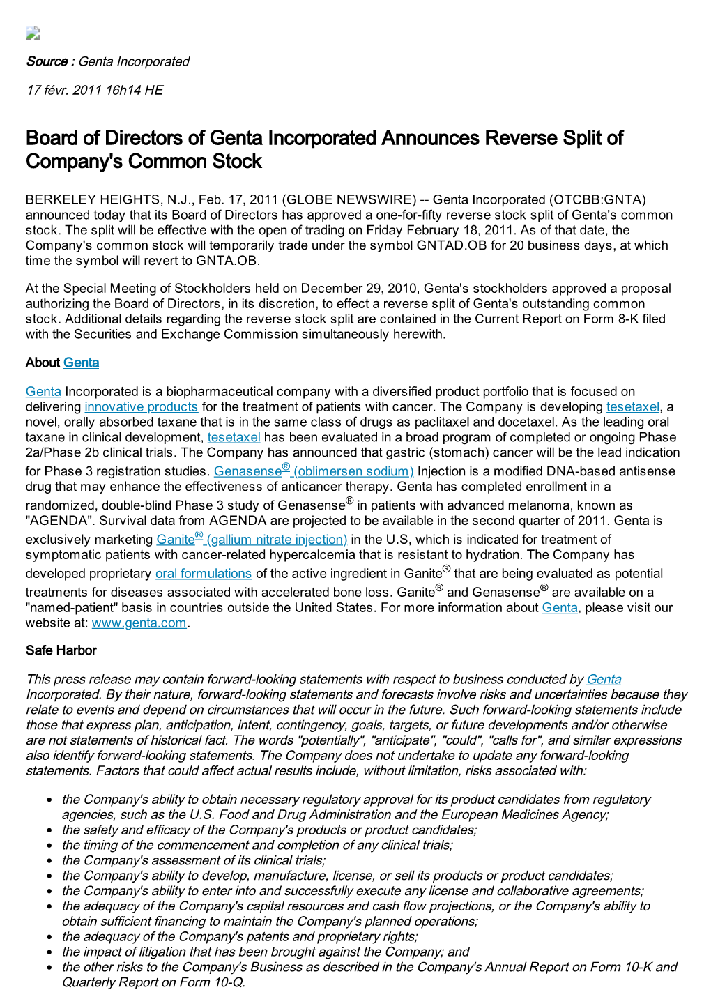 Board of Directors of Genta Incorporated Announces Reverse Split of Company's Common Stock