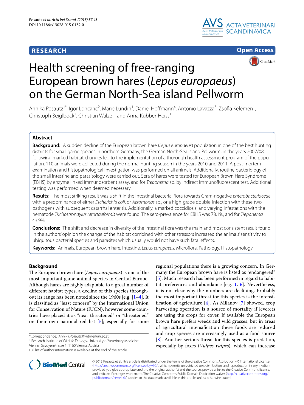 Health Screening of Free-Ranging European Brown Hares (Lepus Europaeus) on the German North-Sea Island Pellworm