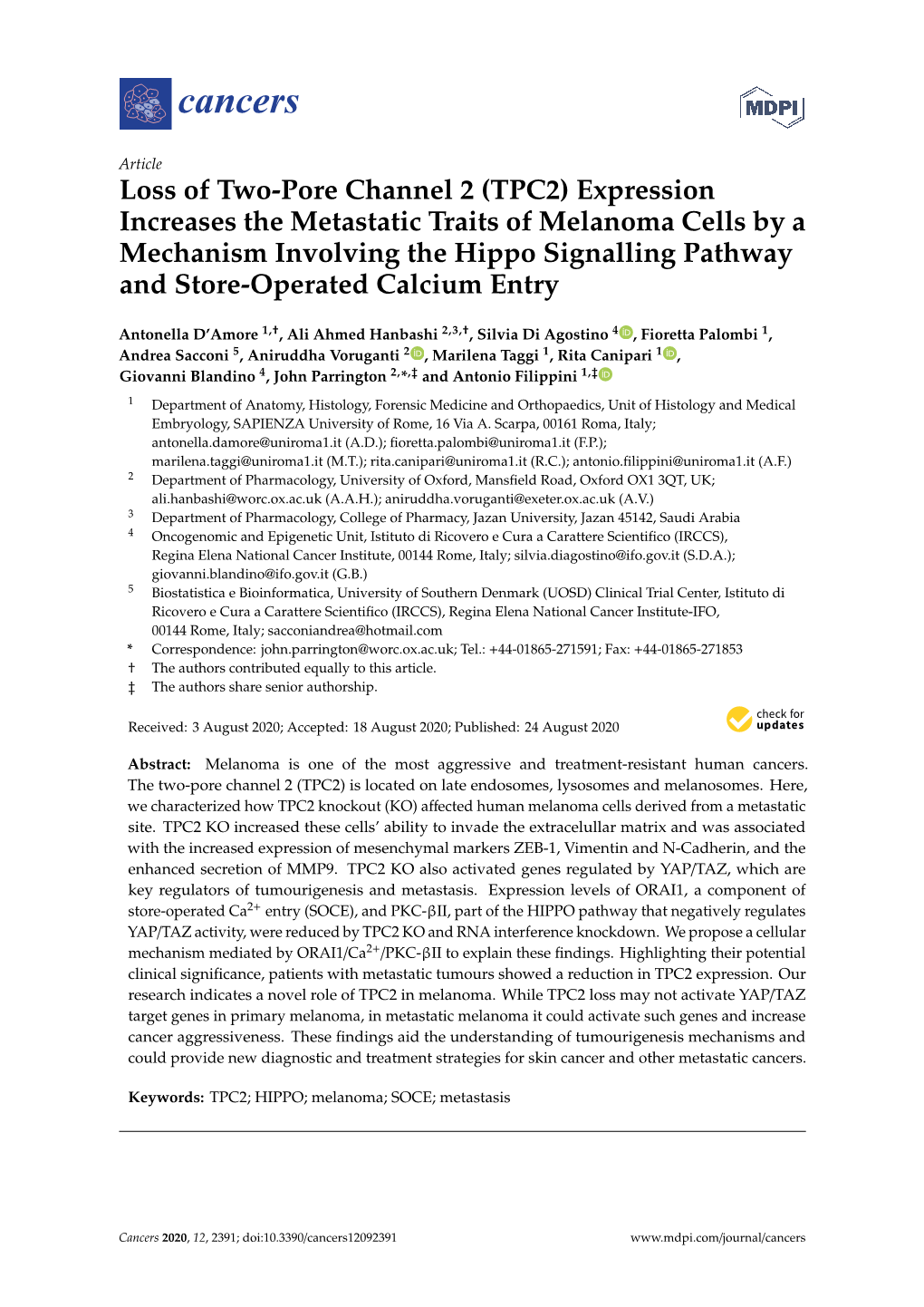 Loss of Two-Pore Channel 2 (TPC2) Expression Increases