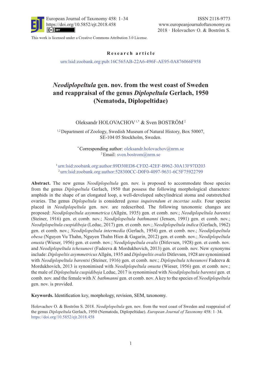 Neodiplopeltula Gen. Nov. from the West Coast of Sweden and Reappraisal of the Genus Diplopeltula Gerlach, 1950 (Nematoda, Diplopeltidae)