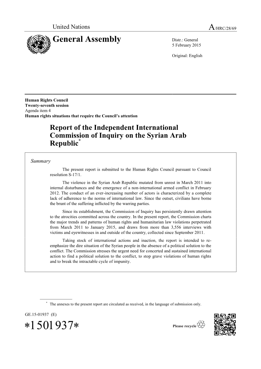 Report of the Independent International Commission of Inquiry on the Syrian Arab Republic*