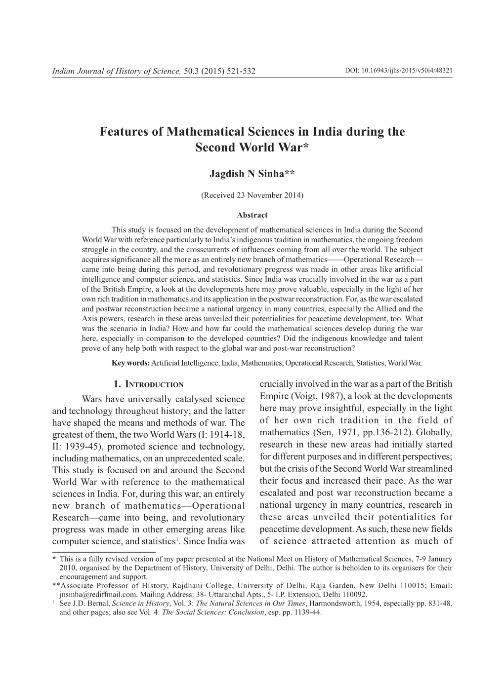 Features of Mathematical Sciences in India During the Second World War*