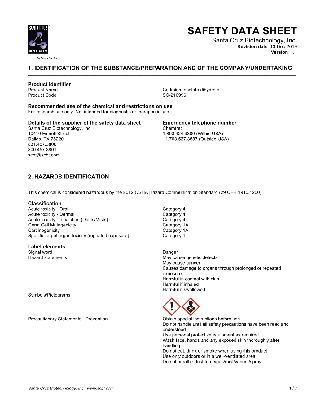 SAFETY DATA SHEET Santa Cruz Biotechnology, Inc