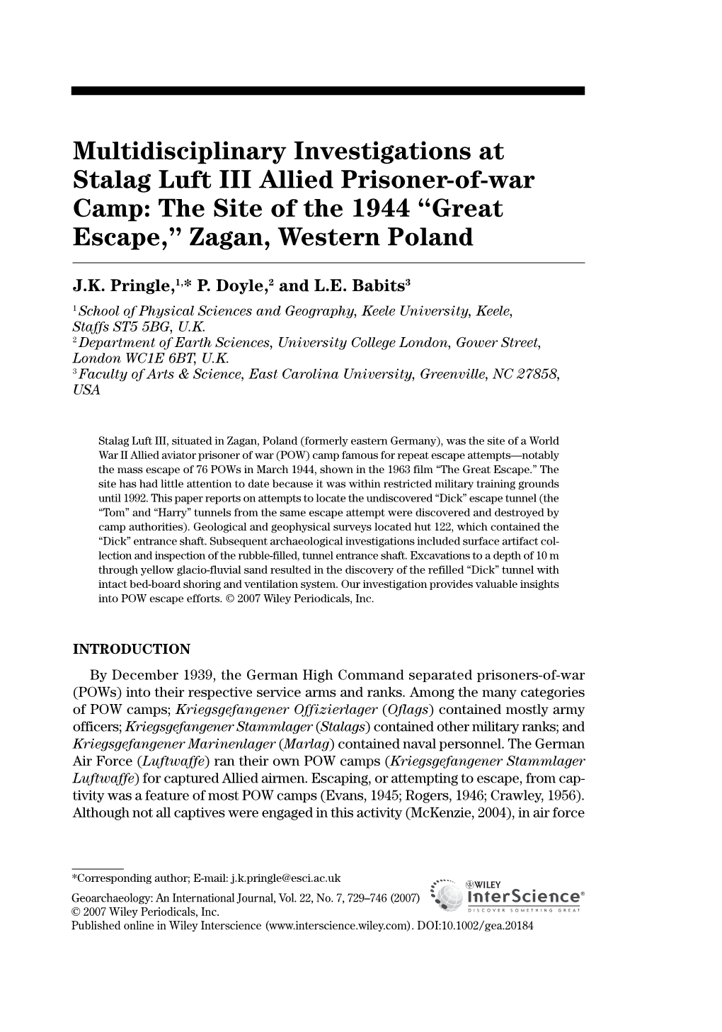 Multidisciplinary Investigations at Stalag Luft III Allied Prisoner-Of-War Camp: the Site of the 1944 