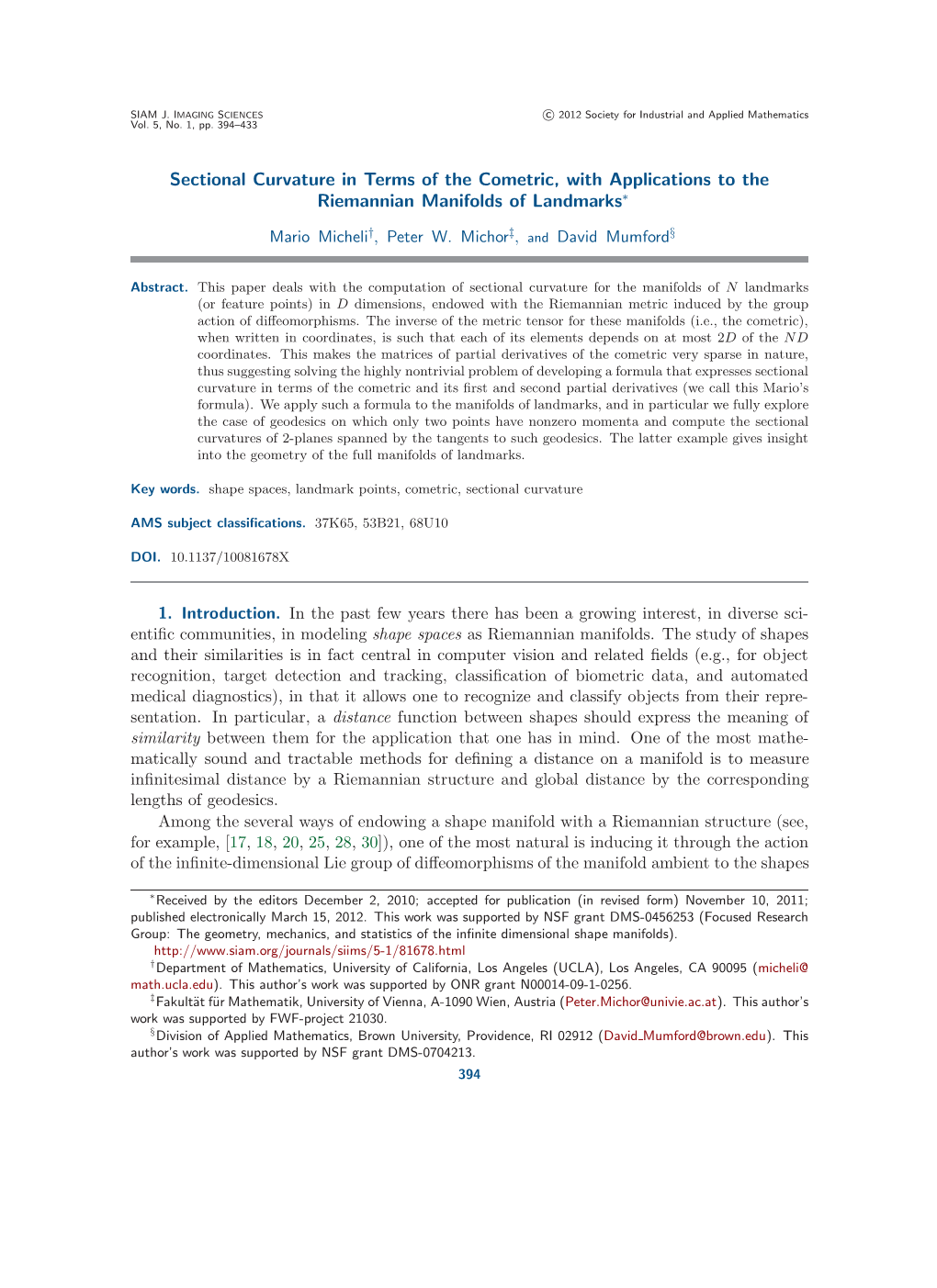 Sectional Curvature in Terms of the Cometric, with Applications to the Riemannian Manifolds of Landmarks∗