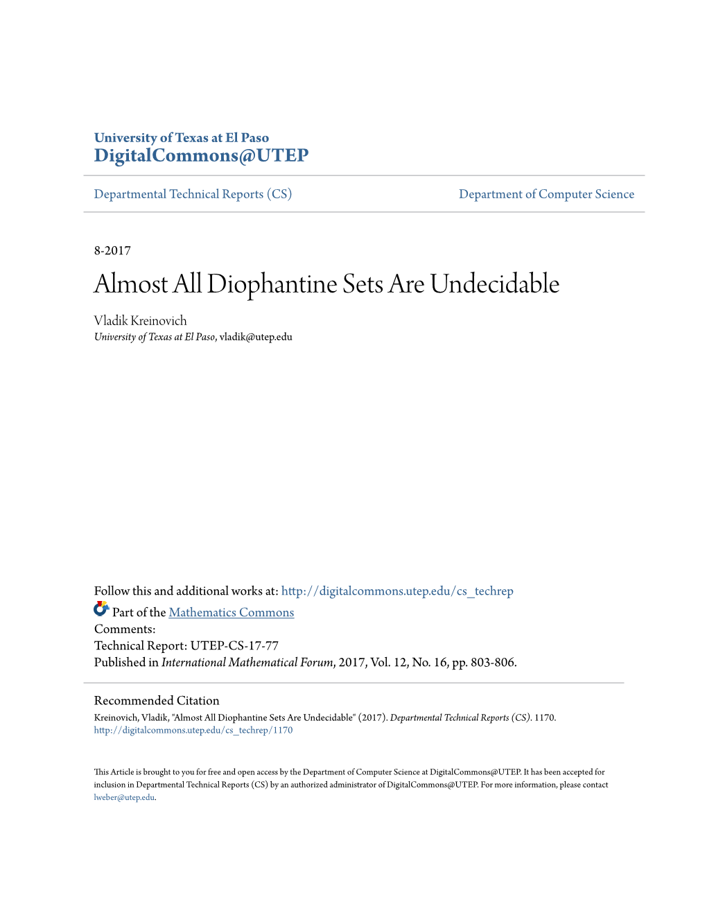 Almost All Diophantine Sets Are Undecidable Vladik Kreinovich University of Texas at El Paso, Vladik@Utep.Edu