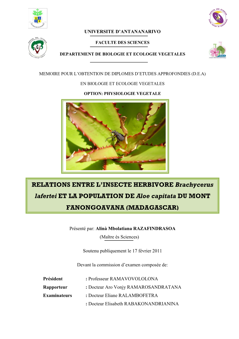 EVALUATION DES DEGATS CAUSES PAR L'insecte HERBIVORE Brachycerus Lafertei SUR LA POPULATION DE Aloe Capitata DU MONT FANONGOAV