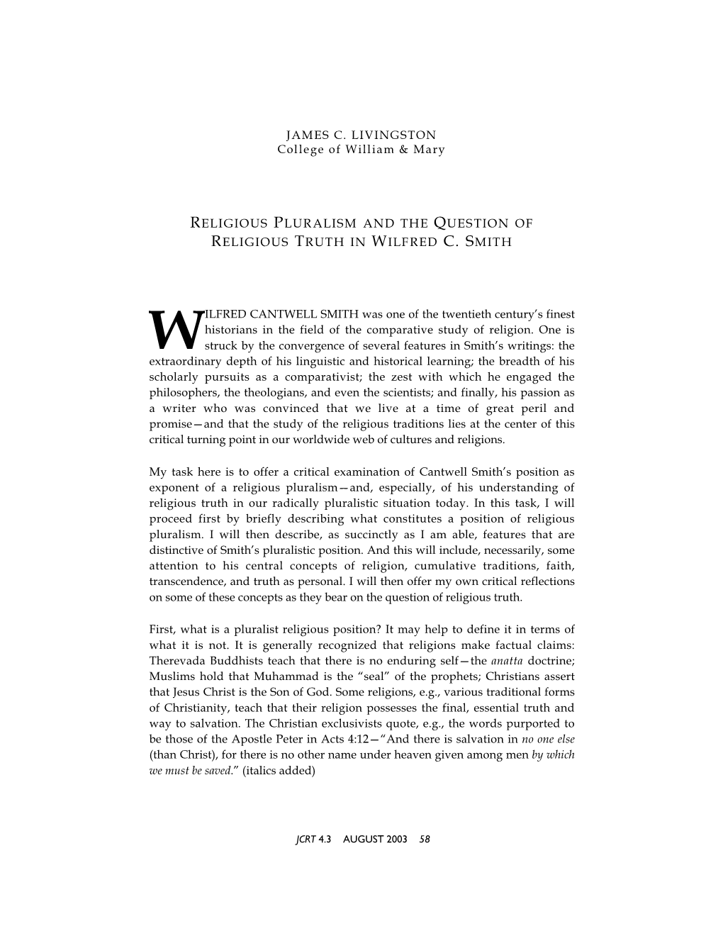 Religious Pluralism and the Question of Religious Truth in Wilfred C. Smith