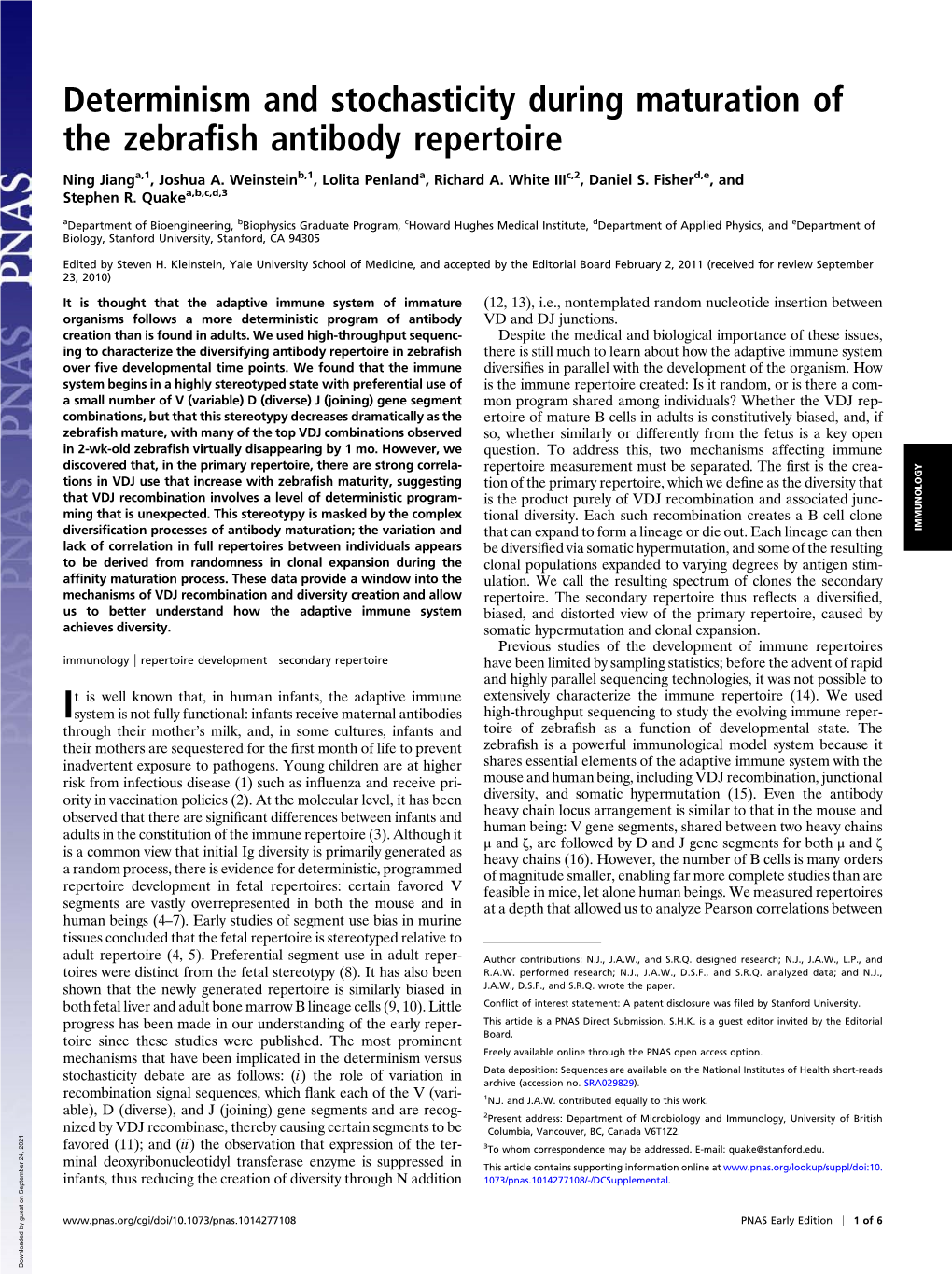 Determinism and Stochasticity During Maturation of the Zebrafish Antibody