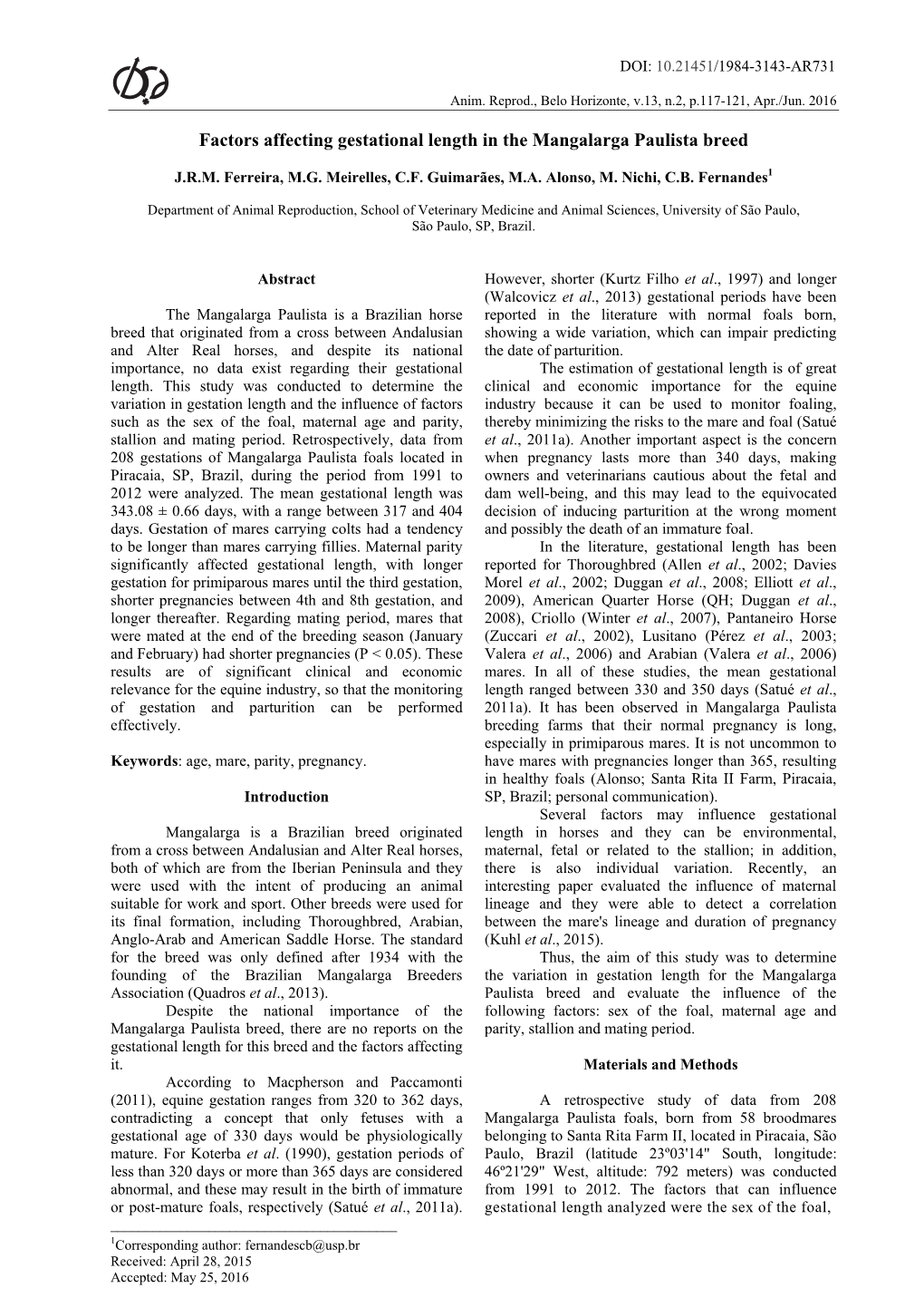 Factors Affecting Gestational Length in the Mangalarga Paulista Breed