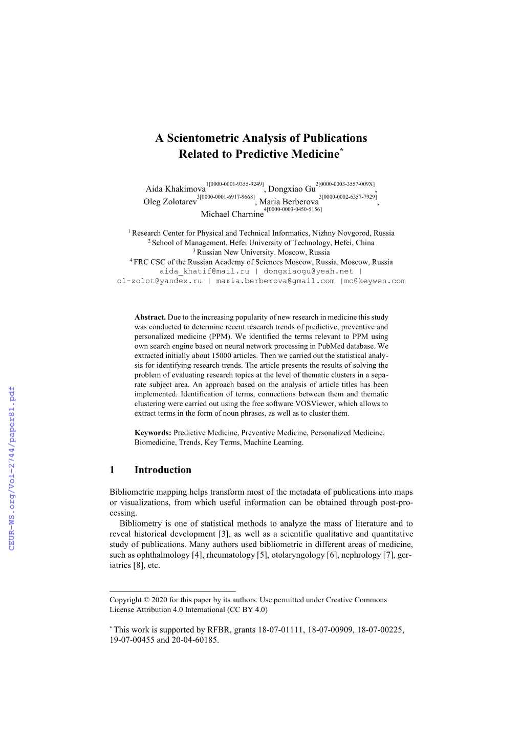 A Scientometric Analysis of Publications Related to Predictive Medicine*