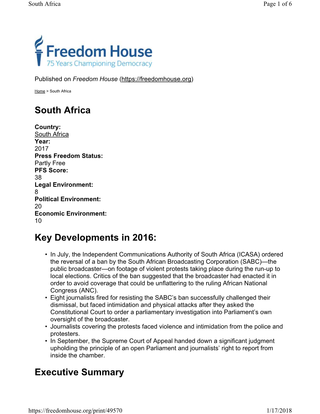 South Africa Key Developments in 2016: Executive Summary
