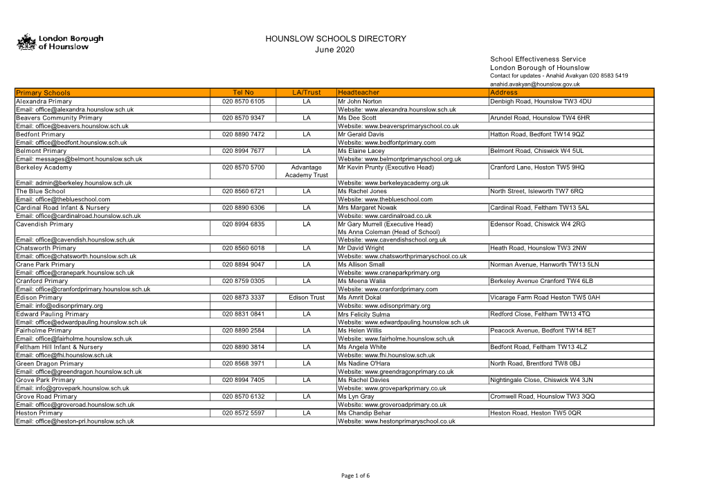 June 2020 HOUNSLOW SCHOOLS DIRECTORY