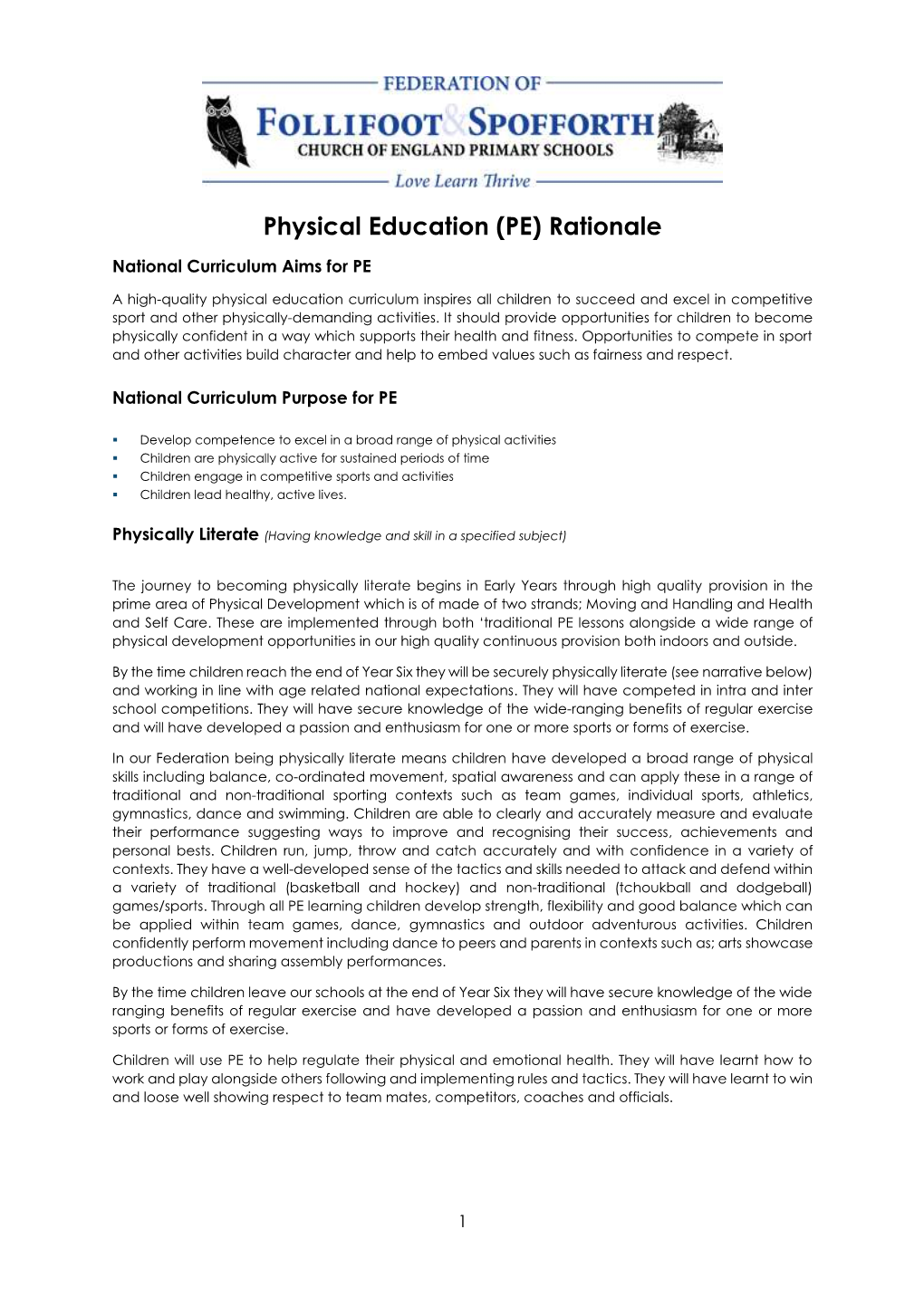 Physical Education (PE) Rationale