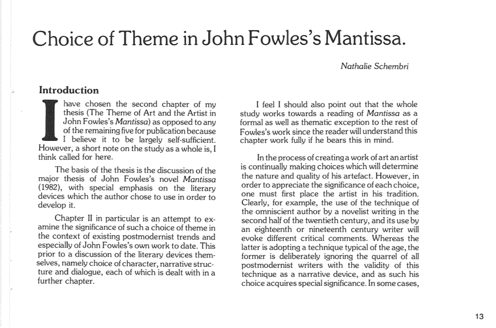 Choice of Theme in John Fowles's Mantissa