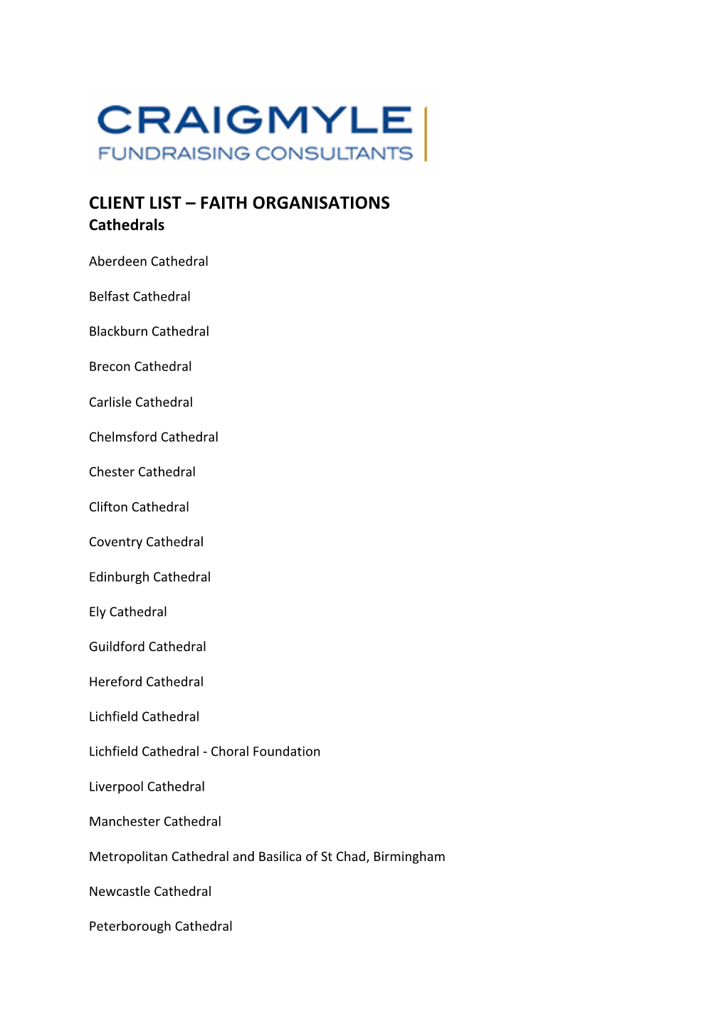 CLIENT LIST – FAITH ORGANISATIONS Cathedrals