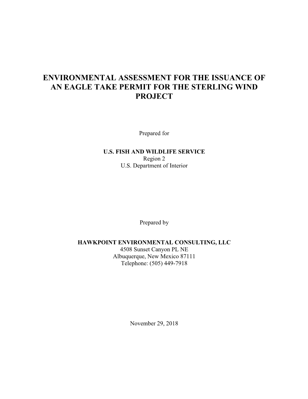 Environmental Assessment for the Issuance of an Eagle Take Permit for the Sterling Wind Project