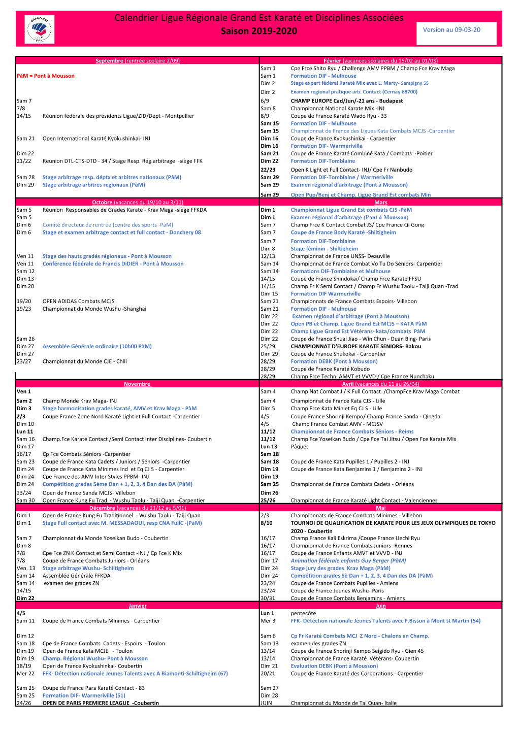 Calendrier Ligue Régionale Grand Est Karaté Et Disciplines Associées Saison 2019-2020 Version Au 09-03-20