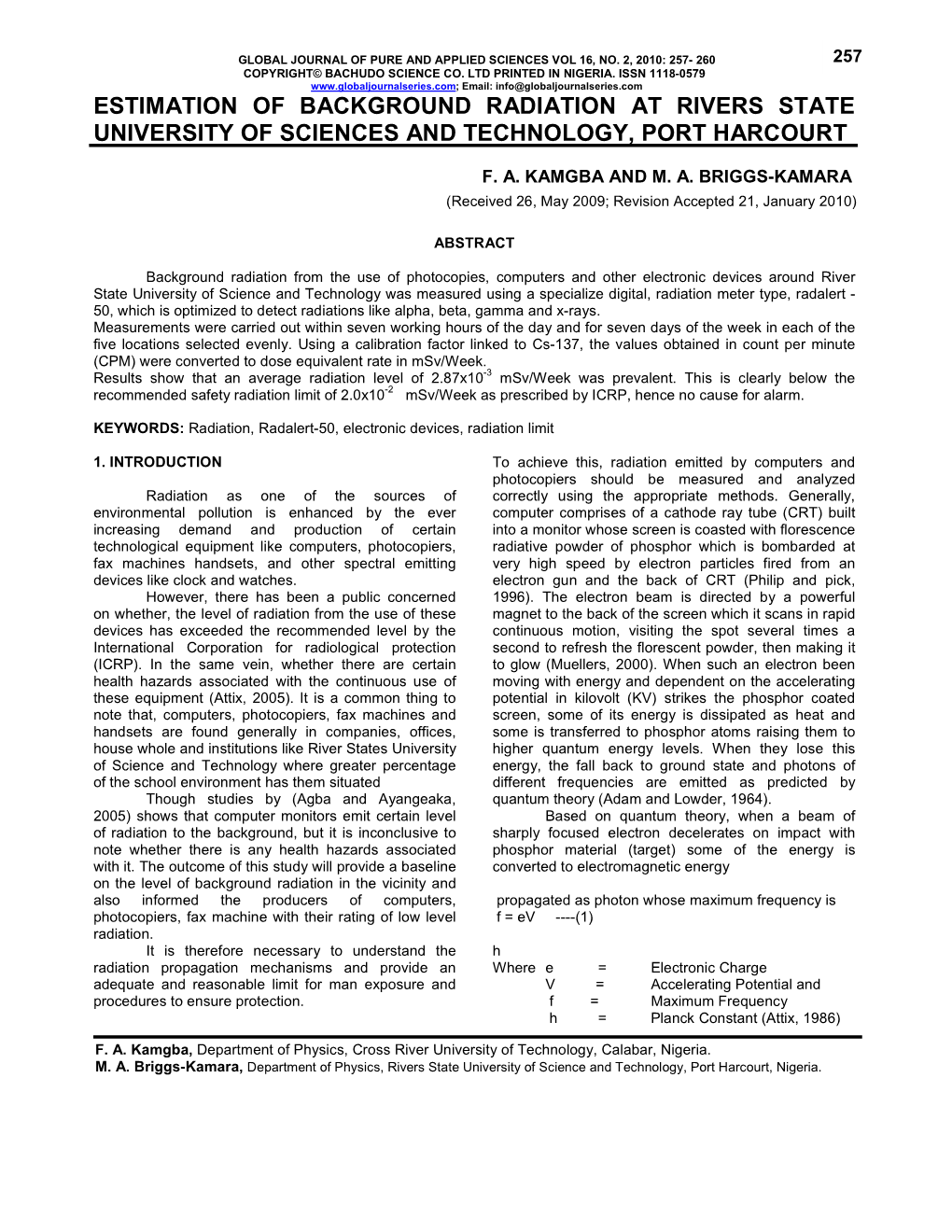 Estimation of Background Radiation at Rivers State University of Sciences and Technology, Port Harcourt