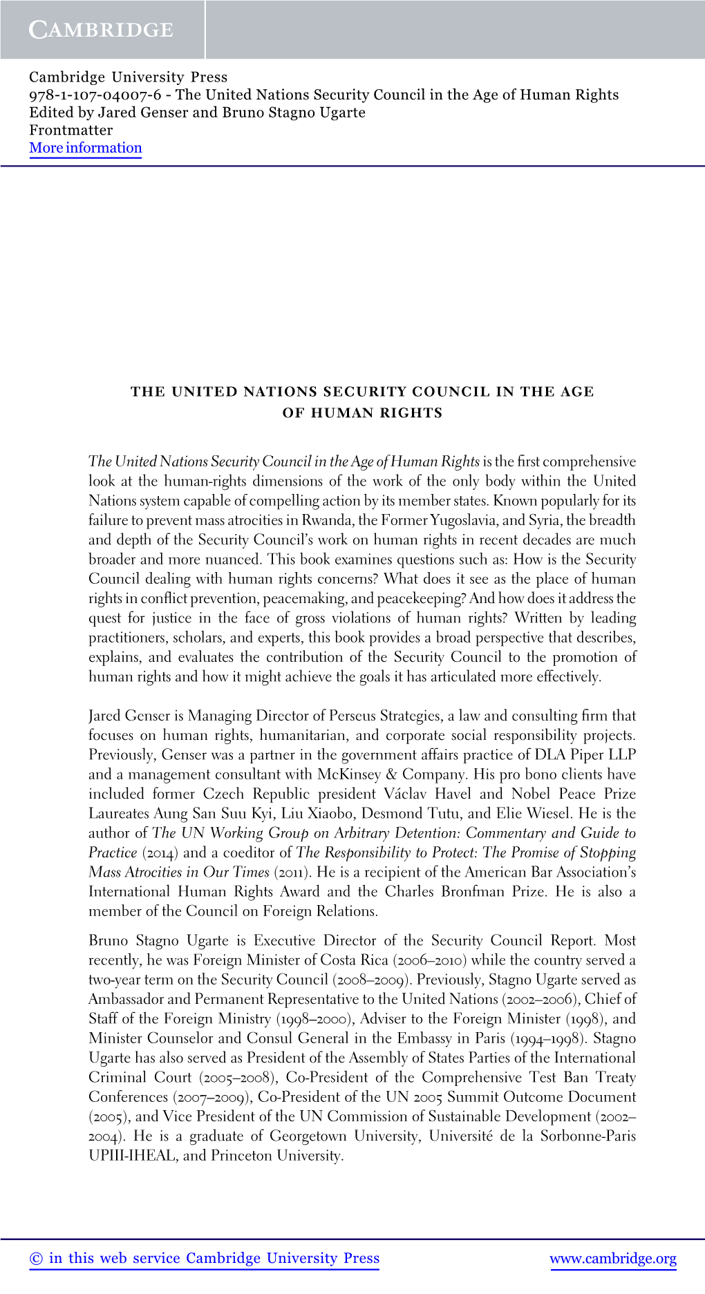 The United Nations Security Council in the Age of Human Rights Edited by Jared Genser and Bruno Stagno Ugarte Frontmatter More Information