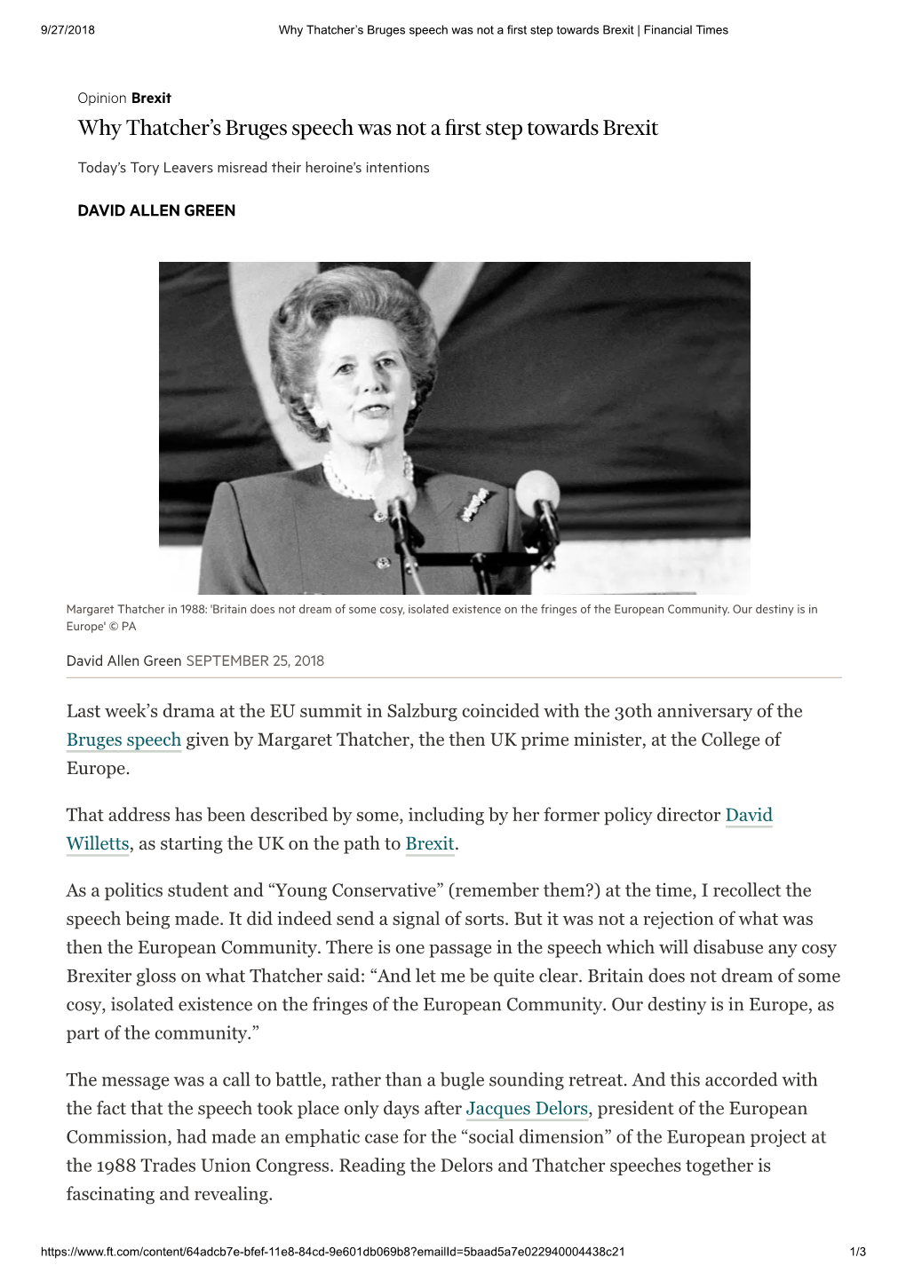 Why Thatcher's Bruges Speech Was Not a First Step Towards Brexit