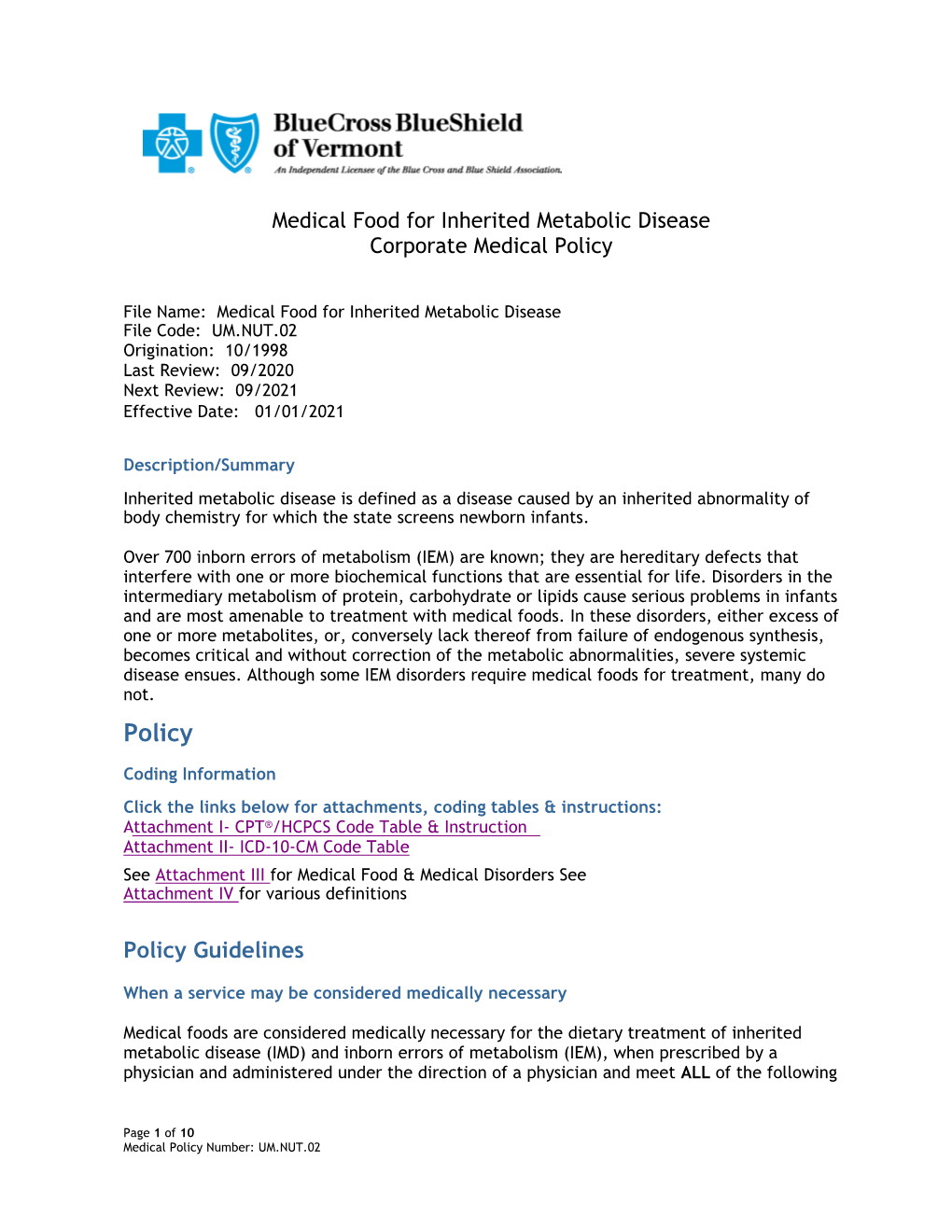 Medical Food for Inherited Metabolic Disease Corporate Medical Policy