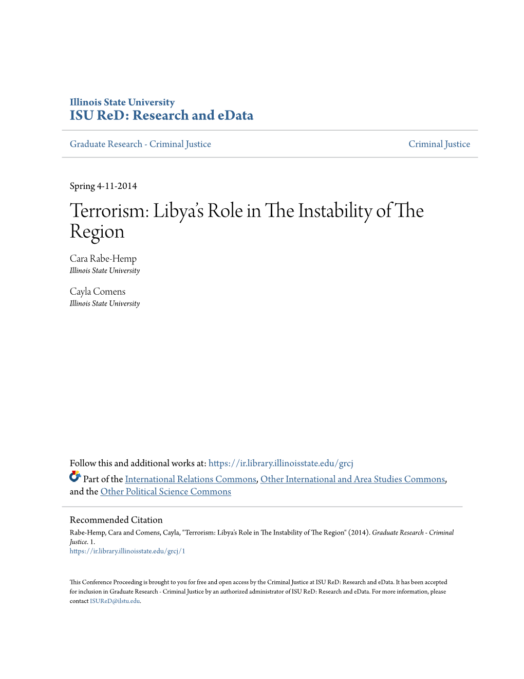 Terrorism: Libya’S Role in the Nsi Tability of the Region Cara Rabe-Hemp Illinois State University